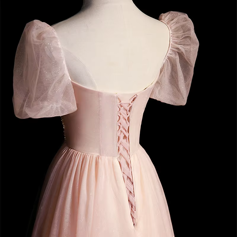 Customized Evening Dress Pink Beads Handmade Square Collar Short Sleeves Floor Length A-Line Plus Size Women party Formal Gown