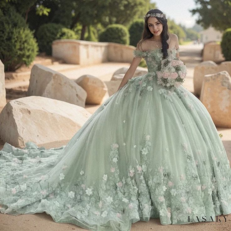 Mint Green Princess Quinceanera Dresses Off Shoulder 3D Floral Ball Gown Coset vestido 15 quinceañeras dorado Sweet 16