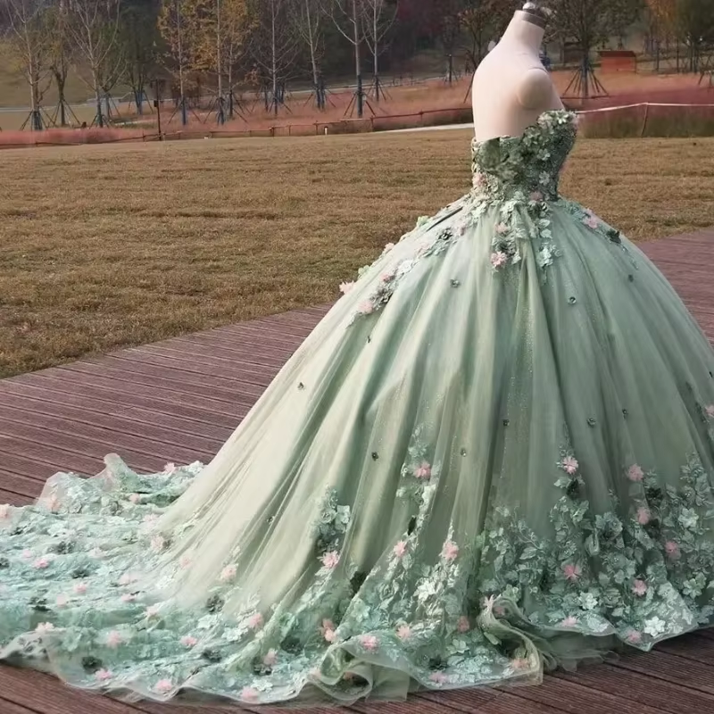 Mint Green Princess Quinceanera Dresses Off Shoulder 3D Floral Ball Gown Coset vestido 15 quinceañeras dorado Sweet 16