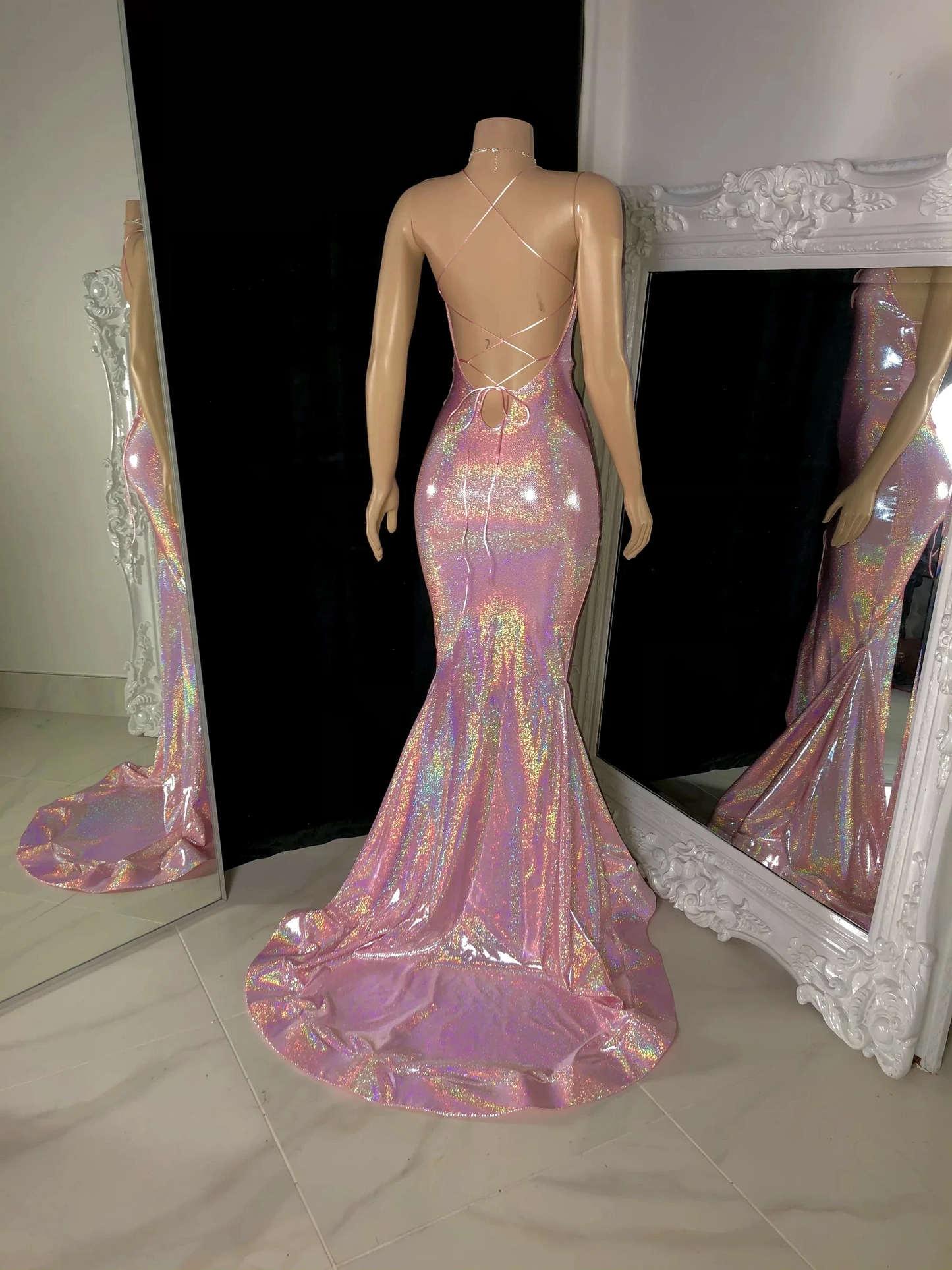 Pink Sexy Halter Backless Long Black Girls Prom Dresses Mermaid Style Sequins Sparkle Slit Prom Party Gowns Customized