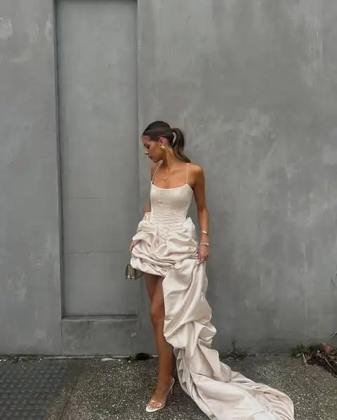 Newest Rcuhed Satin Asymmetrical Formal Dresses With Corset Bustier Fashion Women Maxi Dress To Party Lace Up Back
