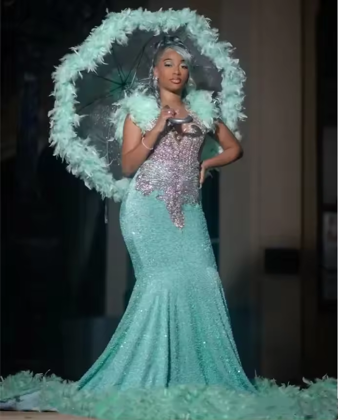 Turquoise Long Prom Dress For Black Girls Mermaid Sequined Crystals Feather Birthday Party Dresses Evening Gown Customized