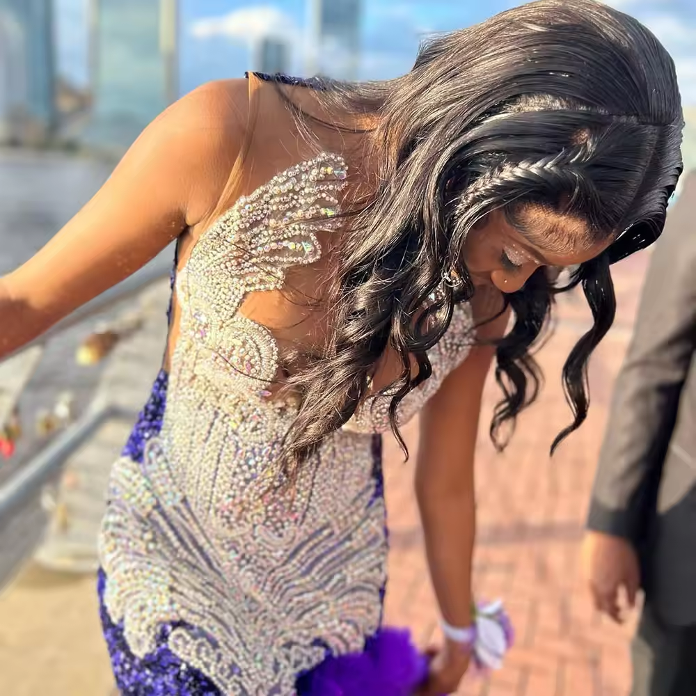 American Girl in Royal Purple Evening Formal Dress for Women Silver Diamond Velvet Long Slit Mermaid Prom Queen Gown Feather