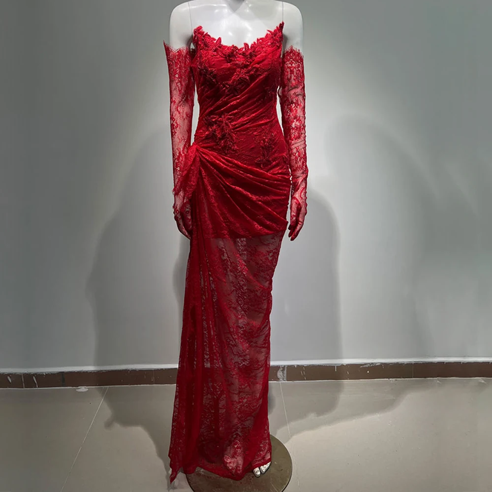 Customized Sexy Tube Top Gauze Lace Transparent Glove Wrap Hip Dress Party Dress Performance Dress