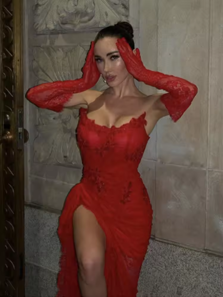 Customized Sexy Tube Top Gauze Lace Transparent Glove Wrap Hip Dress Party Dress Performance Dress