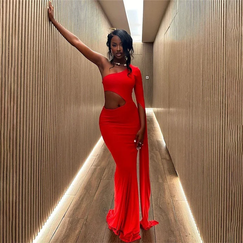 Sexy Red Black Evening Party Dress Women Elegant Vestidos 2025 Asymmetrical Cut Out One Shoulder Mermaid Maxi Dresses