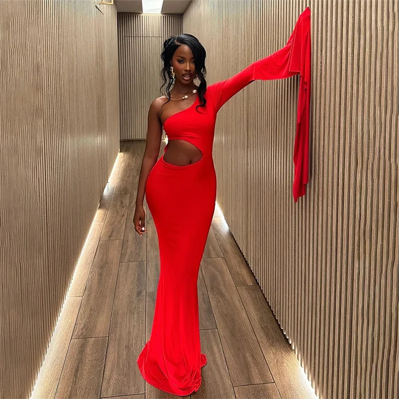 Sexy Red Black Evening Party Dress Women Elegant Vestidos 2025 Asymmetrical Cut Out One Shoulder Mermaid Maxi Dresses