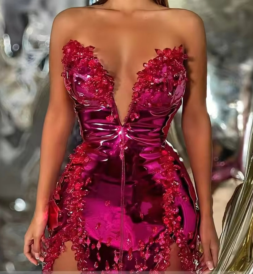 Glitter Hot Pink Short Prom Dress Beads Crystal Rhinestones Luxury Birthday Party Cocktail Gown Vestidos Customized