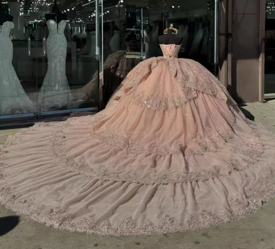 Rose Gold Quinceanera Dress Ball Gown 3D Floral Applique Beading Corset Sweet 16 Vestidos De XV 15 Anos