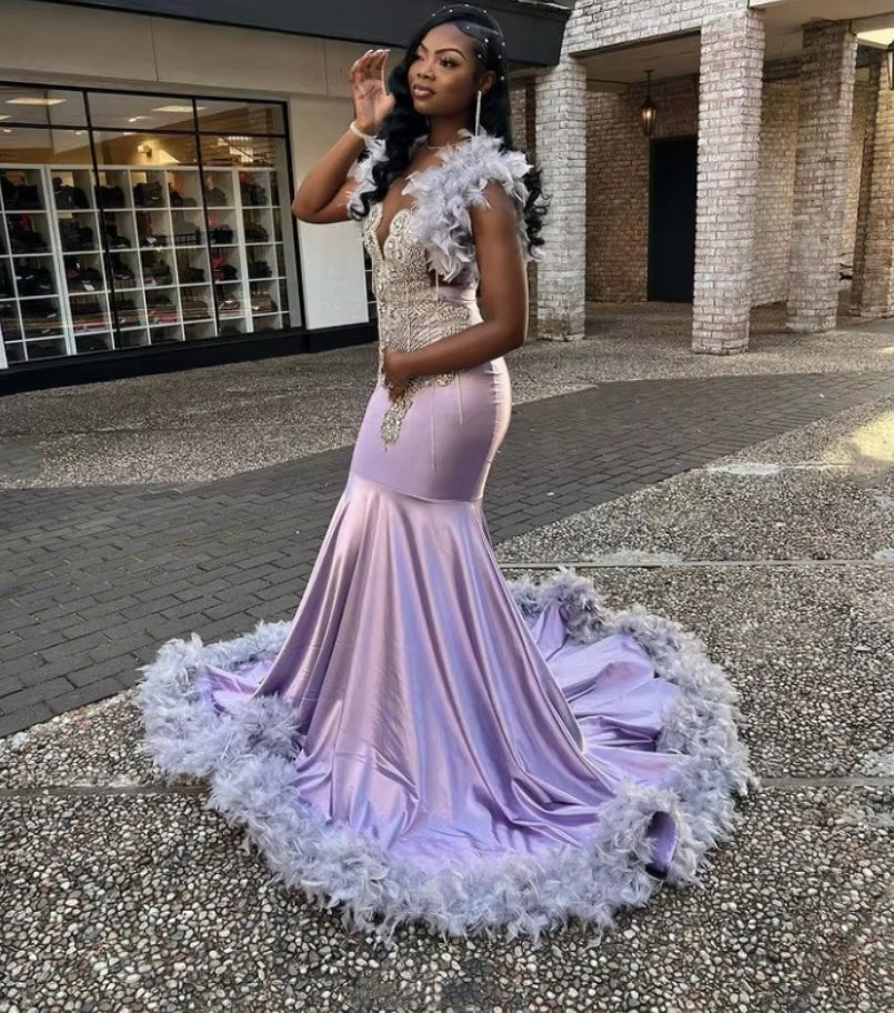 Customized Noble Lilac Purple Cocktail Dress Black Girl Glitter Rhinestone Pearls Feather Embellished Party Gowns Tassel Dresses
