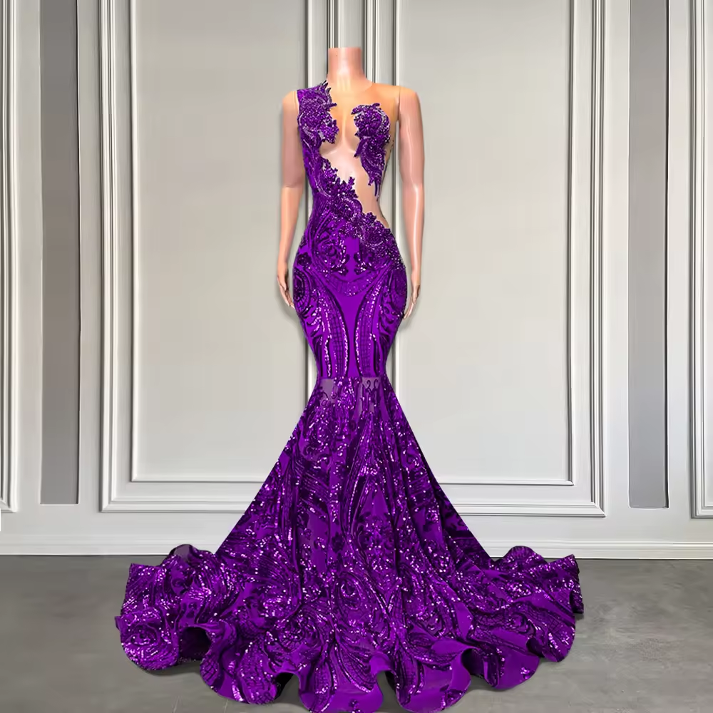 Elegant Royal Blue Mermaid Prom Dress For Black Girl Sparkly Lace Sequined African Women Long Prom Birthday Gowns Customized