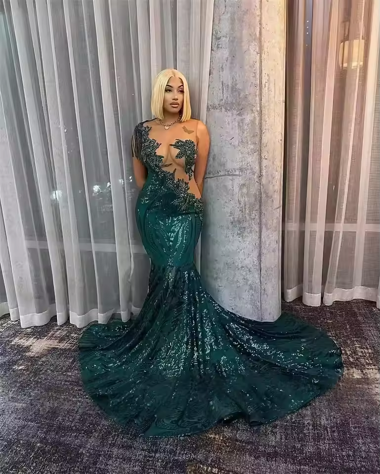 Elegant Royal Blue Mermaid Prom Dress For Black Girl Sparkly Lace Sequined African Women Long Prom Birthday Gowns Customized