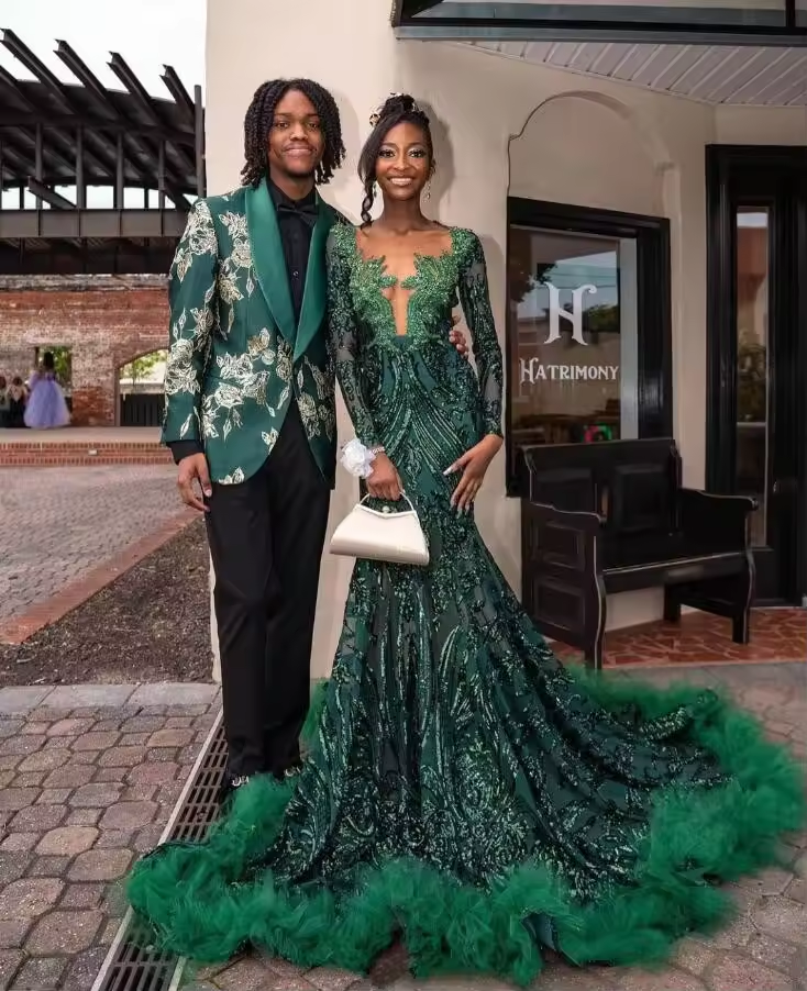 Sparkly Hunter Green Mermaid Evening Dresses for Black Girl Luxury Crystal Applique Long Sleeve Prom Birthday Gala Gown customsi