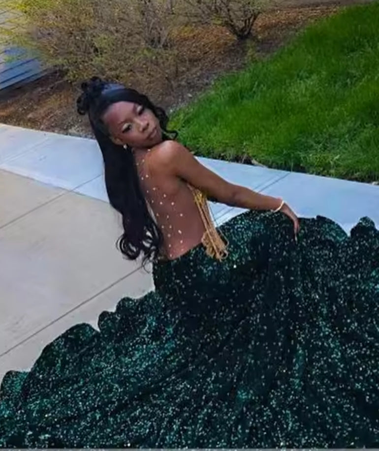Sparkly Diamonds Emerald Green Long Prom Dress For Black Girls Beads Crystals Sequins Gown Birthday Party Customized