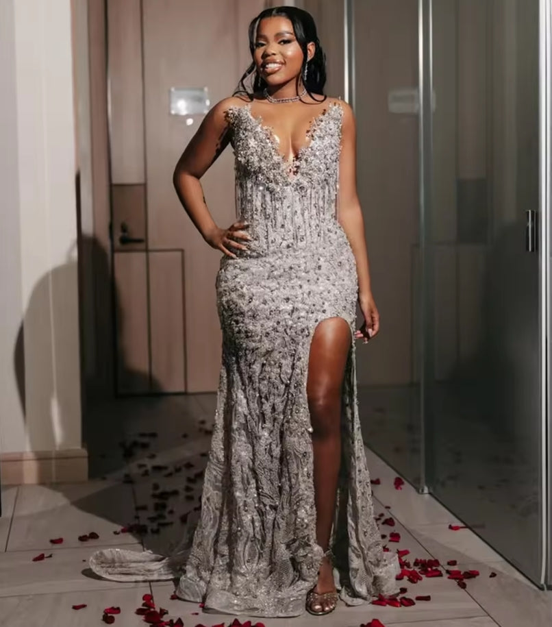2025 Aso Ebi Split Side Evening Dresses V Neck Black Girls Prom Dress Vestidos De Noiva Beading Wedding Party Dress Customized