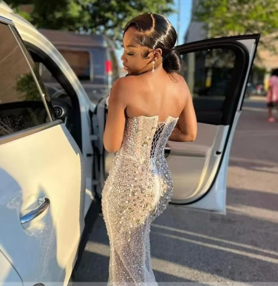 3D Pearls Sweetheart Prom Dress Sparkly Sequins Long Evening Dress Luxury Bridal Wedding Party Gown Robe De Mariée Customized