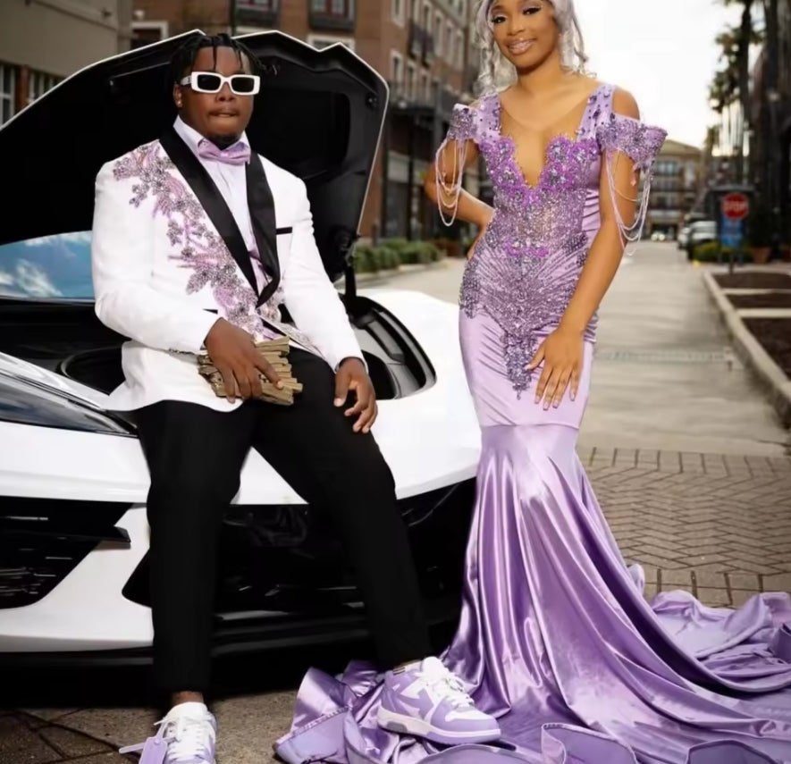 Customized Luxury Lilac Mermaid Prom Dress Shiny Crystal Beaded Black Girls Birthday Evening Gala Party Gown