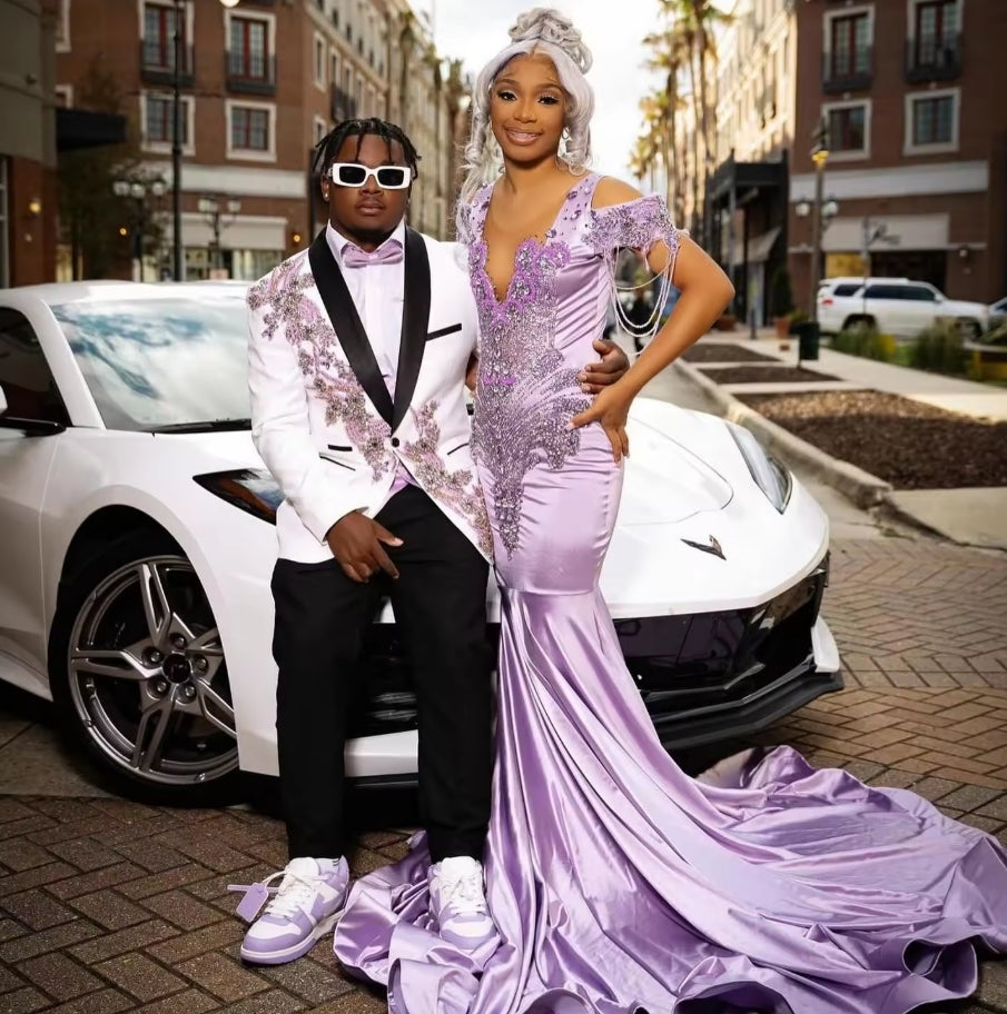 Customized Luxury Lilac Mermaid Prom Dress Shiny Crystal Beaded Black Girls Birthday Evening Gala Party Gown