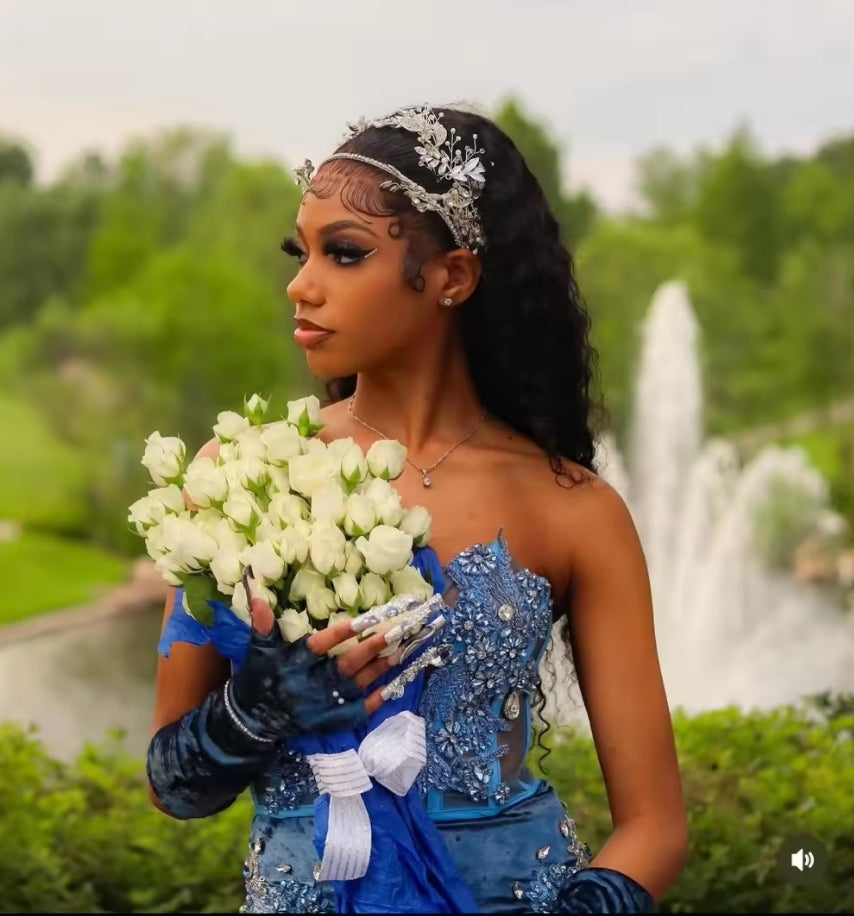 Customized 2025 Sparkly Blue Velvet Mermaid Prom Dress Black Girls Silver Rhinestones Beaded Aso Ebi Party Gown