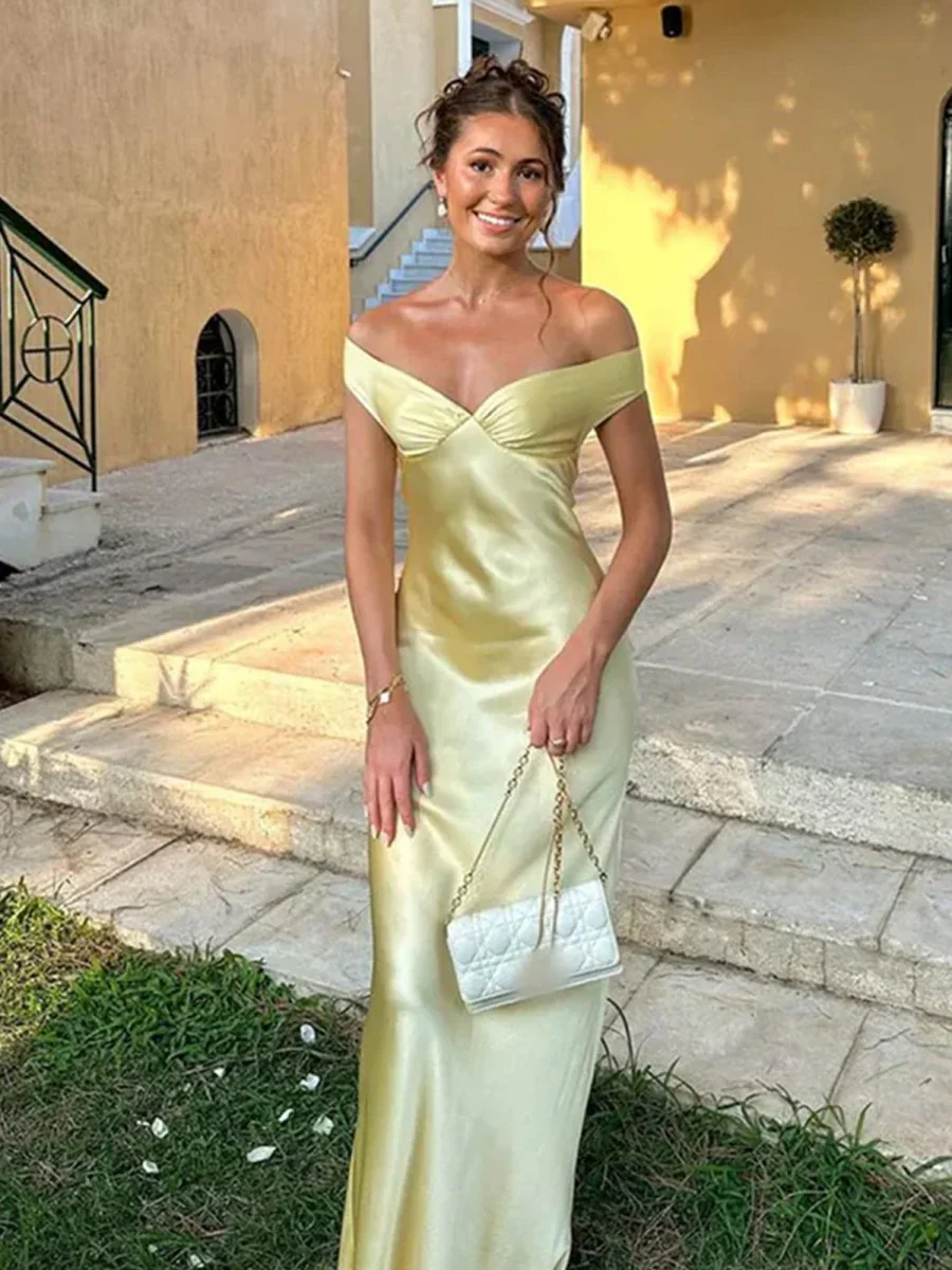 Off The Shoulder Sheath Satin Long Prom Dress