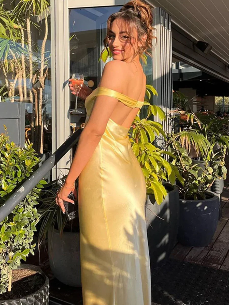 Off The Shoulder Sheath Satin Long Prom Dress