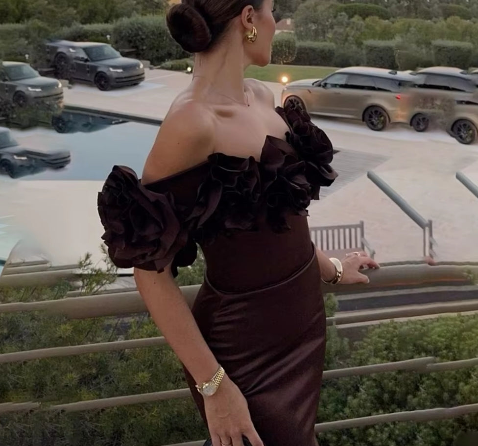 Chocolate Elegant Prom Dresses Off Shoulder Satin Formal Evening Dress Sweetheart Trumpet Party Dress for Woman Customized