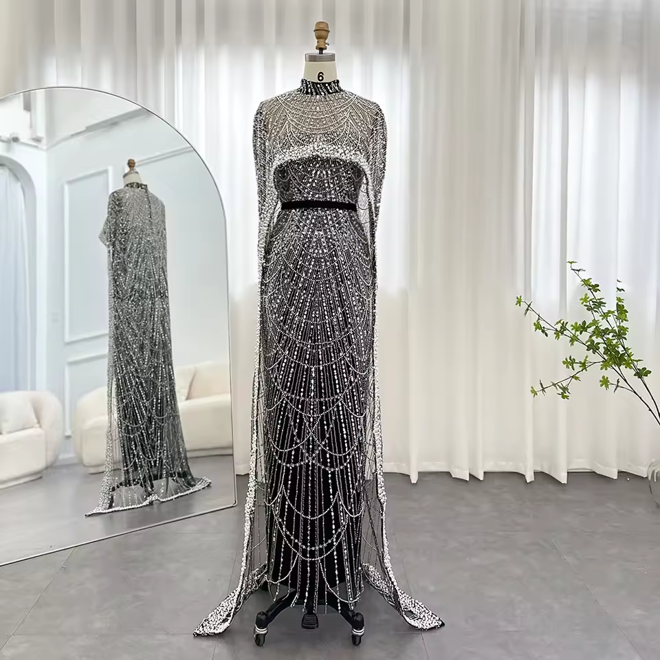 Luxury Pearls Dubai Champagne Evening Dresses with Cape New Arabic Women Mermaid Wedding Party Prom Dress