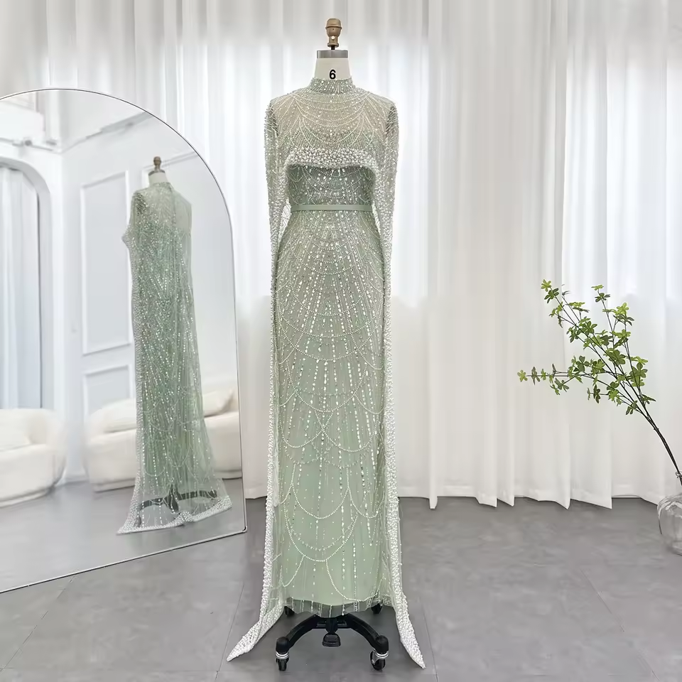 Luxury Pearls Dubai Champagne Evening Dresses with Cape New Arabic Women Mermaid Wedding Party Prom Dress