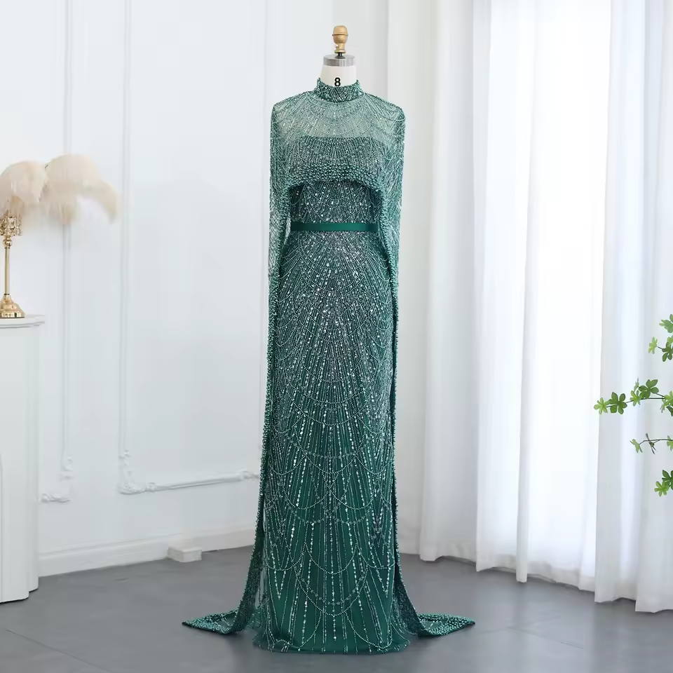 Luxury Pearls Dubai Champagne Evening Dresses with Cape New Arabic Women Mermaid Wedding Party Prom Dress