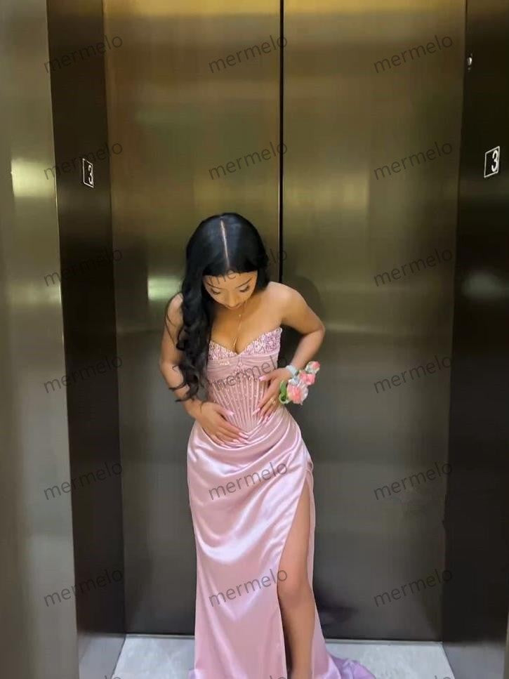 Elegant Sheath Sweetheart Sequin Pink Satin Slit Prom Dresses Evening Dress