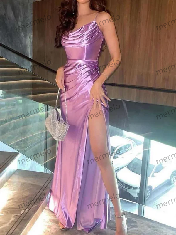 Elegant A Line Spaghetti Straps Satin Long Formal Prom Dress with Slit
