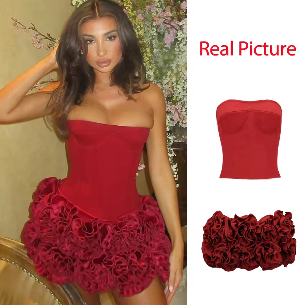 Women's Sleeveless 2 Piece Dress Set Mini Sexy Cropped Top and Skirt Set Red Strapless Corset Party Dresses