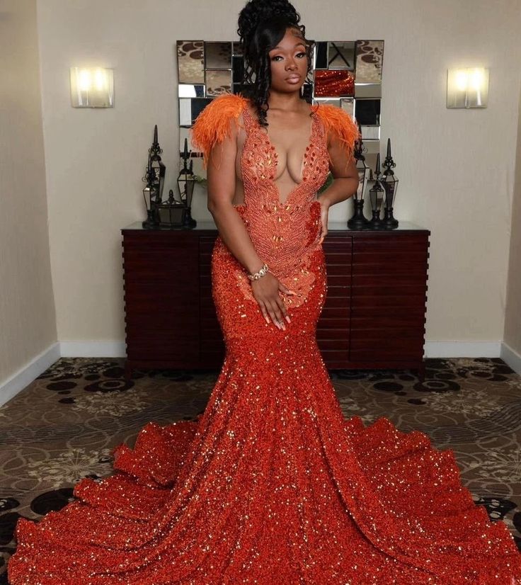 Luxury Sparkly African American Long Prom Dresses For Black Girls Sequins Feather Crystals Women Party Evening Gown Customized