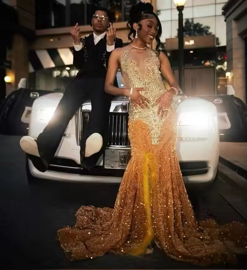 Luxury Golden Sequin Prom Dresses Crystal Rhinestone Mermaid Party Gowns For Black Girls African Evening Dress Customized