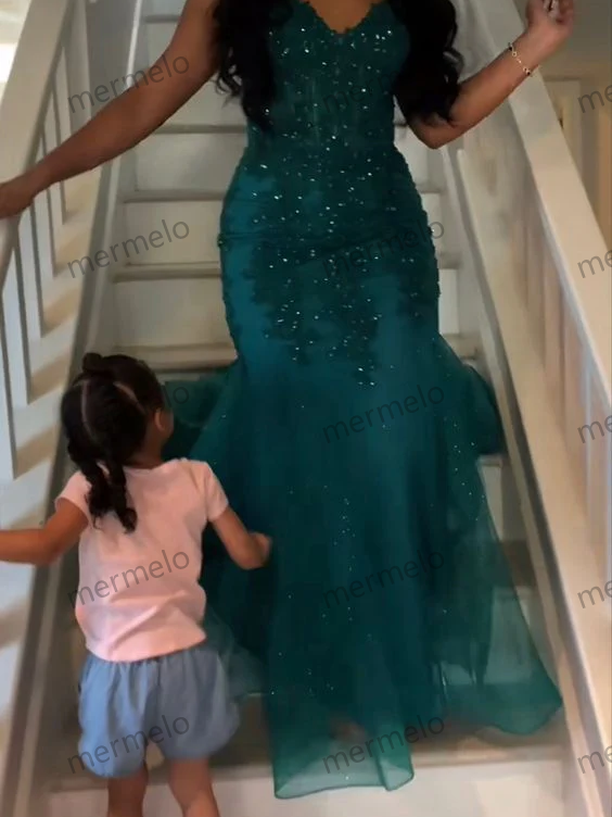Dark Green Mermaid Tulle Lace Prom Dress Winter Formal Gown