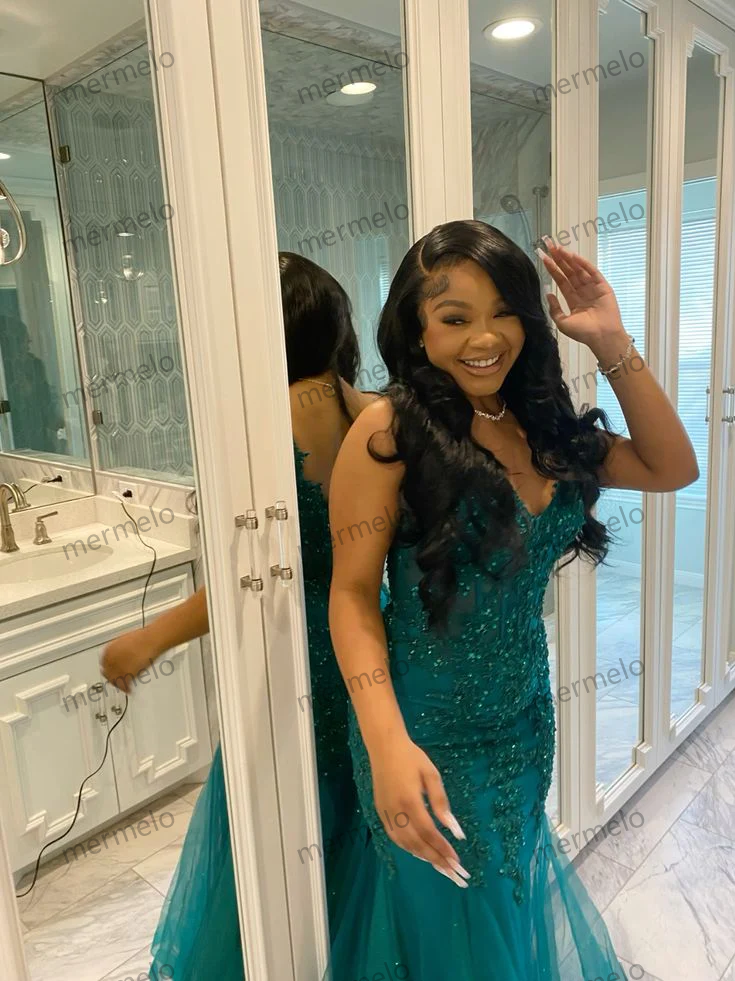 Dark Green Mermaid Tulle Lace Prom Dress Winter Formal Gown