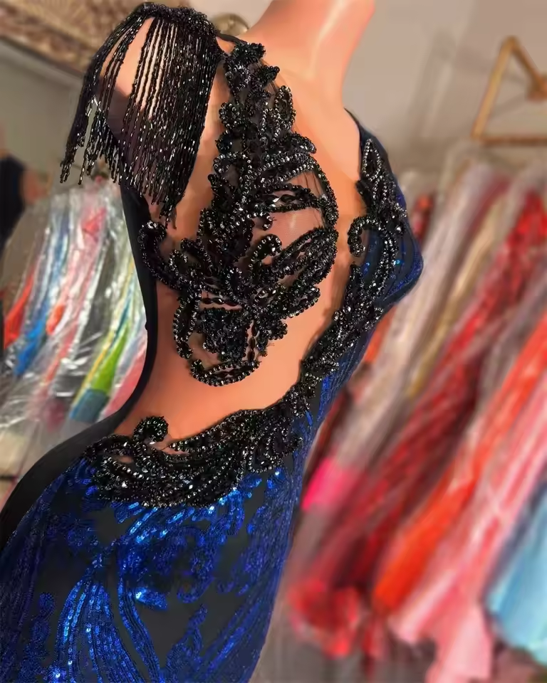 Sparkly Royal Blue Diamonds Mermaid Prom Dress Sequins Gown Bead Crystal Tassels Wedding Birthday Party Dress Customized