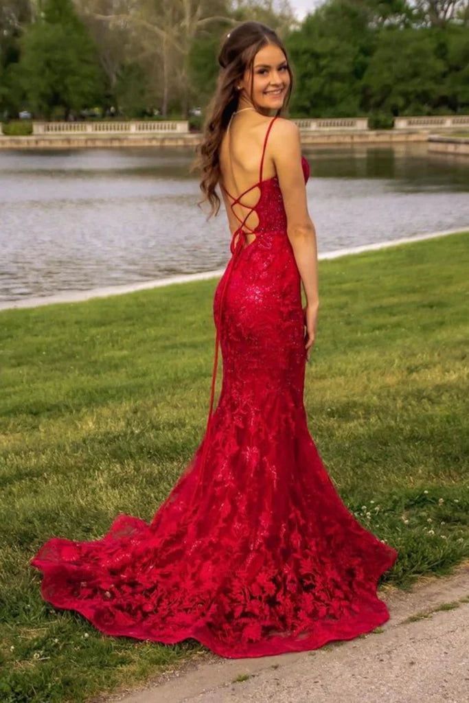 Pretty Mermaid Spaghetti Straps Burgundy Backless Prom Dresses