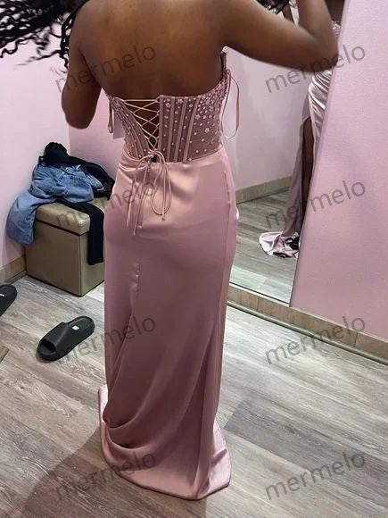 Elegant Sheath Sweetheart Sequin Pink Satin Slit Prom Dresses Evening Dress