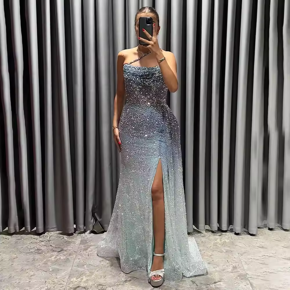 Luxury Ombre Blue Mermaid Evening Dresses with Slit Overskirt Sage Green Long Wedding Party Gowns
