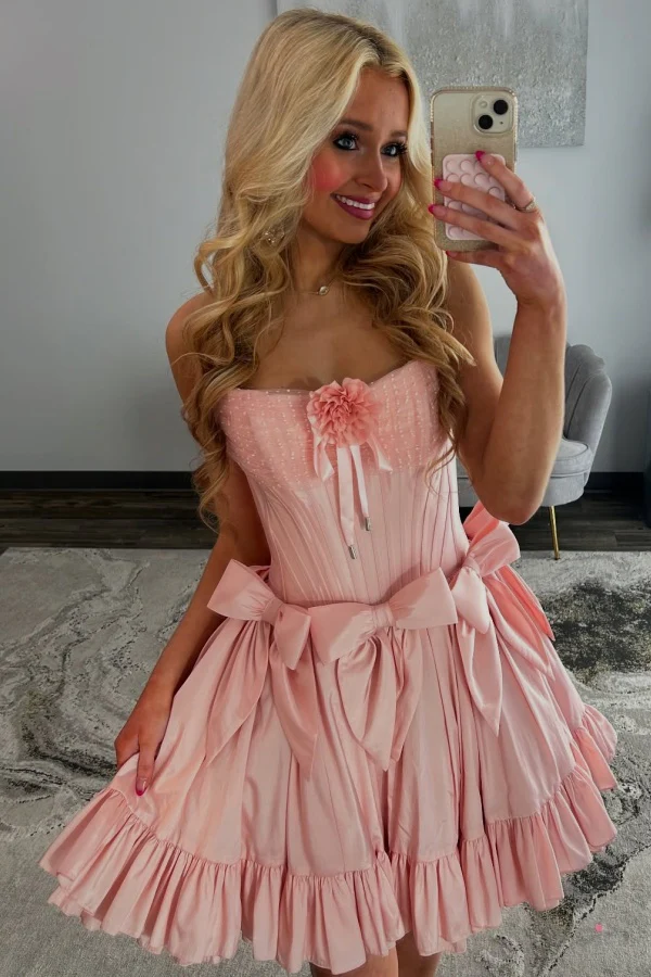 A-Line Boat Neck 3D Flower Bow Knot Pink Homecoming Dress