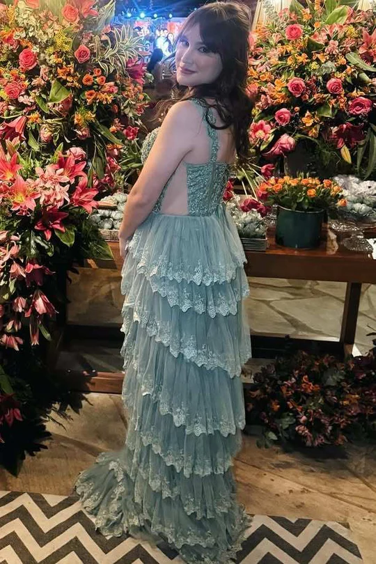 A-Line Empire-Waist Straps Layered Appliques Sleeveless Long Prom Dress