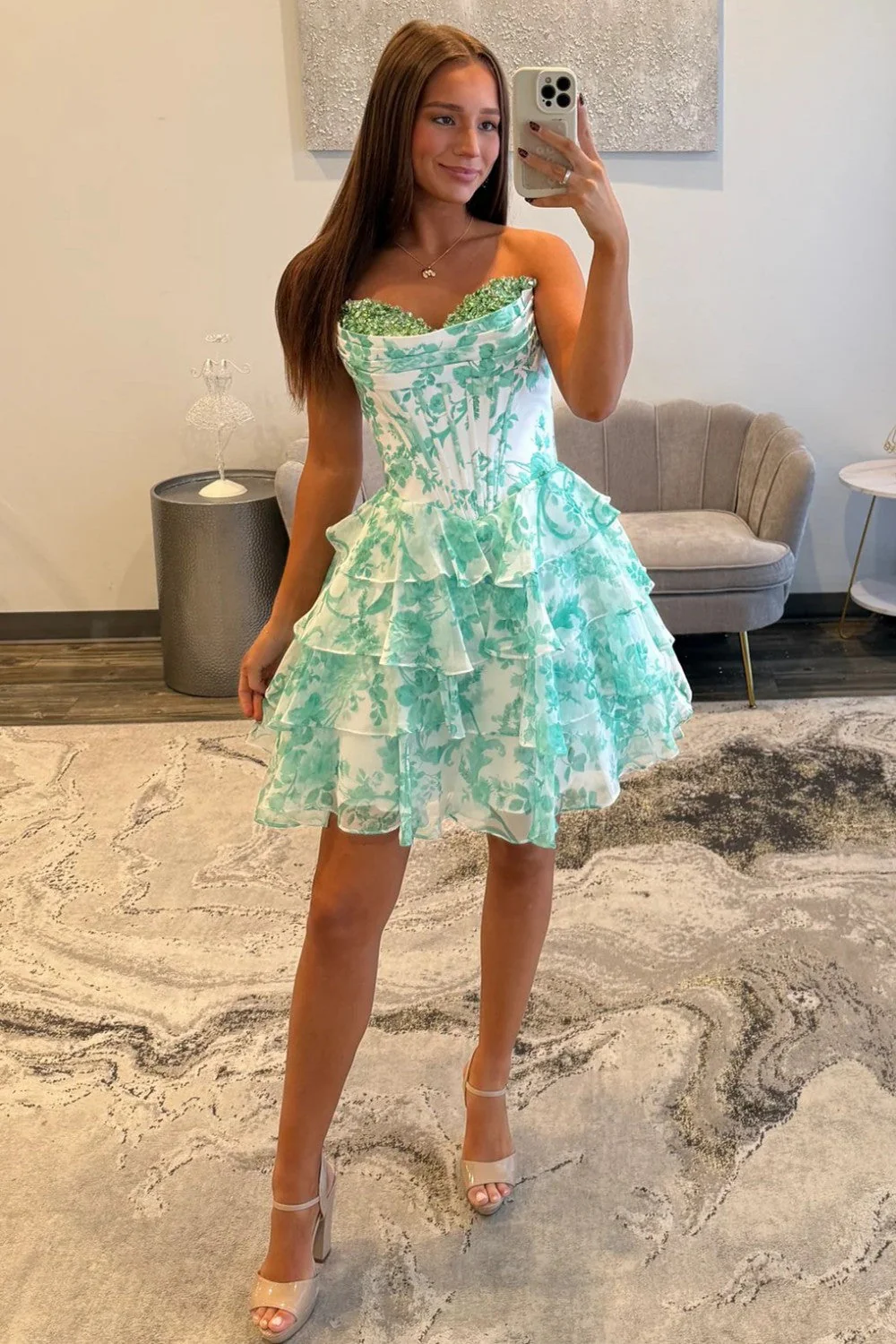 A-Line Sequin Sweetheart Mint Green Floral Ruffle Tiered Corset Short Homecoming Dresses