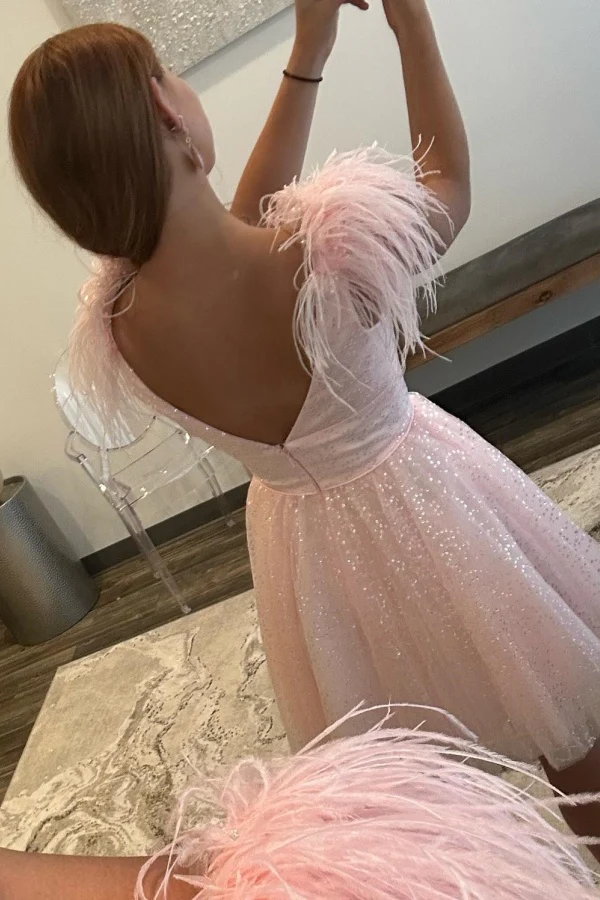 A-Line V Neck Straps Feather Tulle Homecoming Dress