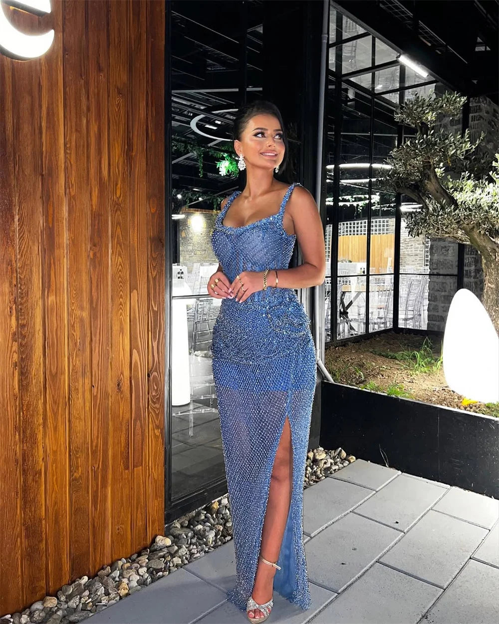 Square Collar Side High Slit Mermaid Prom Dresses Glitter Strapless