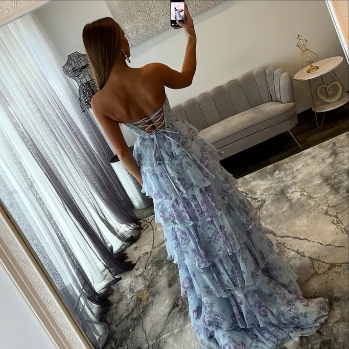 A Line Sweetheart Chiffon Prom Dresses Long Floral Print Evening Party Gowns with Ruffled