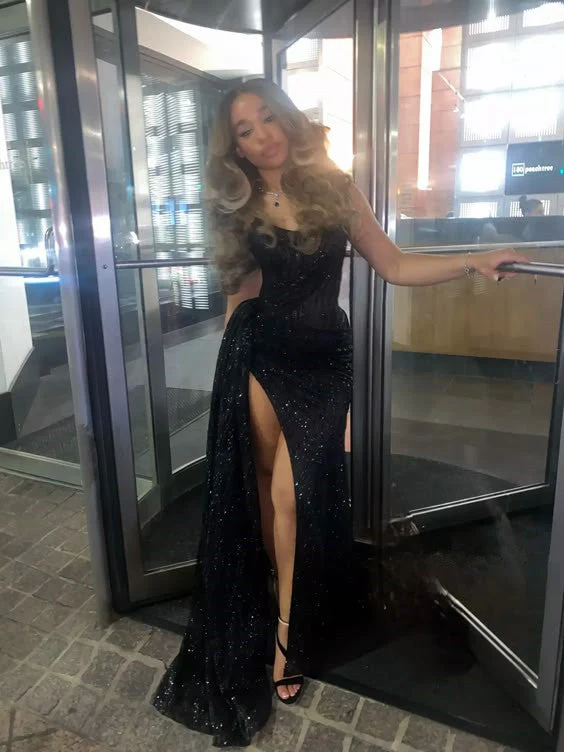 Black Strapless Lace Sequins Black Girl Long Evening Party Dress With Slit Charming Prom Dress