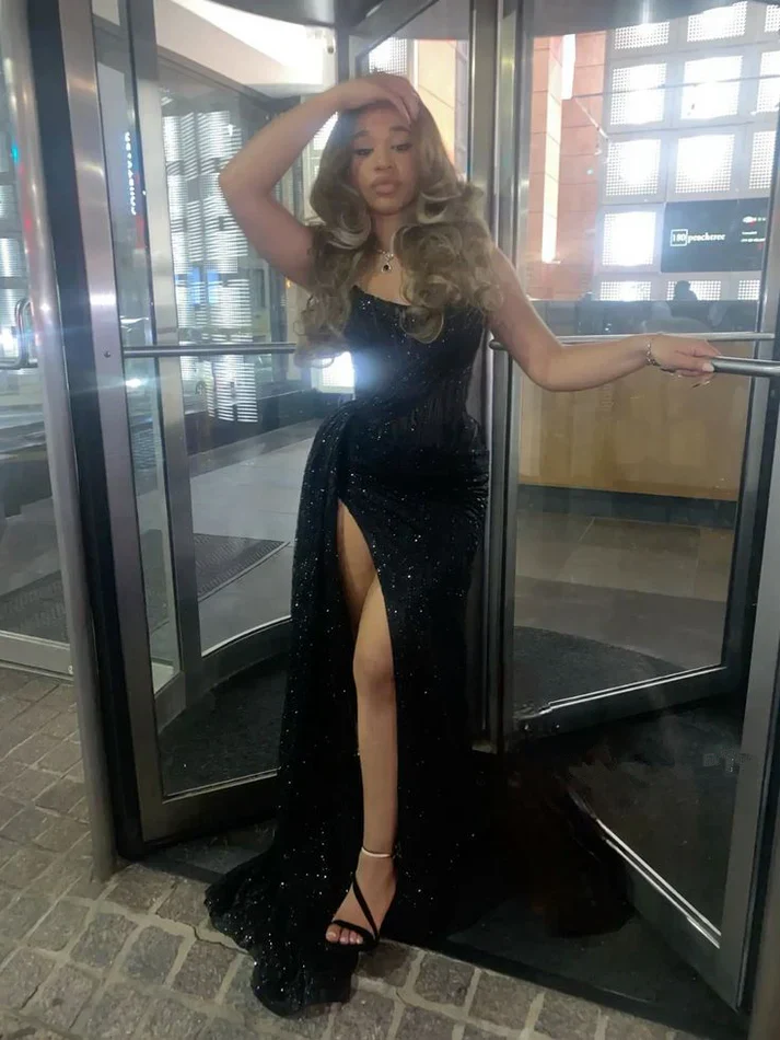 Black Strapless Lace Sequins Black Girl Long Evening Party Dress With Slit Charming Prom Dress