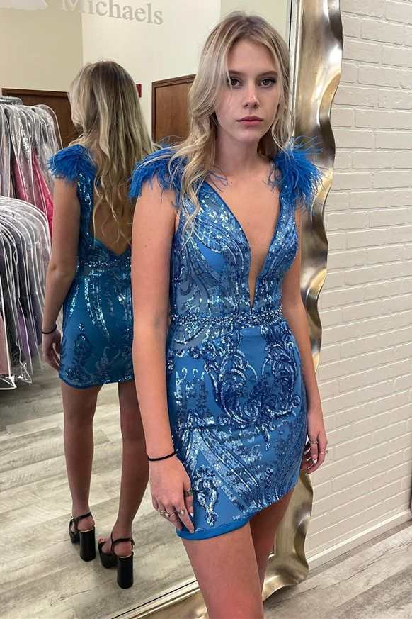 Bodycon Deep V Neck Black Sequins Short Homecoming Dresse
