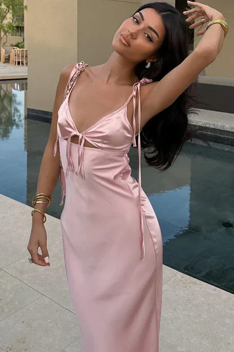 Chic Sheath Spaghetti Straps Pink Long Party Dress with Keyhole
